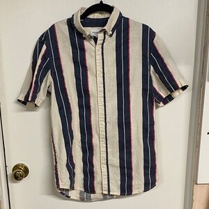 Pull&Bear Men's Striped Button-Down Shirt - Navy, Cream, Red